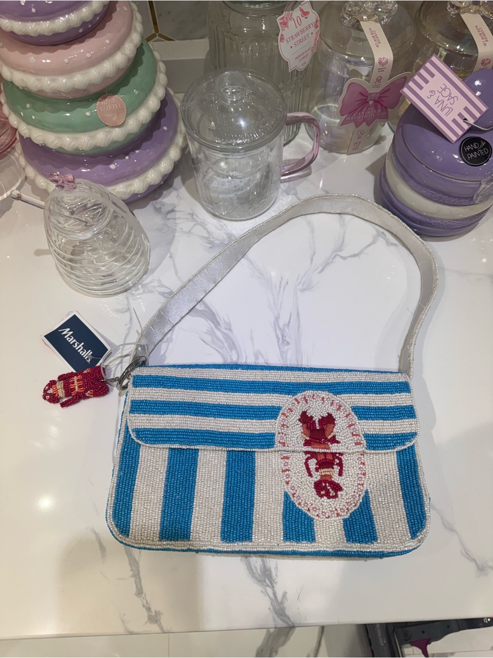 Marshall Blue & White Striped Beaded Shoulder Bag with lobster